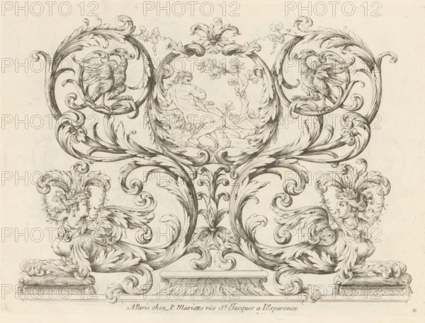 Ornament of acanthus tendrils with resting Hercules, Nouveaux Feuillages et Ornement de Paneaux,