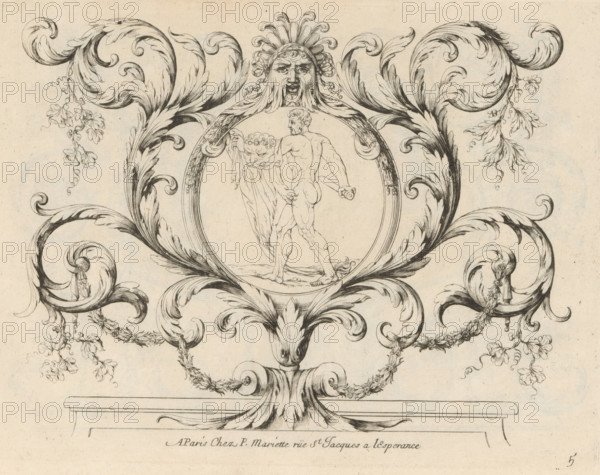 Hercules in a medallion amidst acanthus tendrils, Nouveaux Feuillages et Ornement de Paneaux,