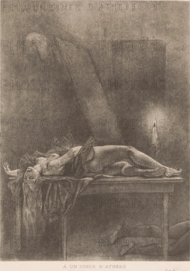 Half-naked woman lies on a table, À un diner d'athées, book illustration, photomechanical print,