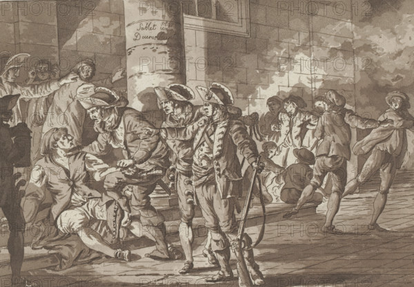 Man on the street being arrested by soldiers, print, album page, Print is part of an album.,