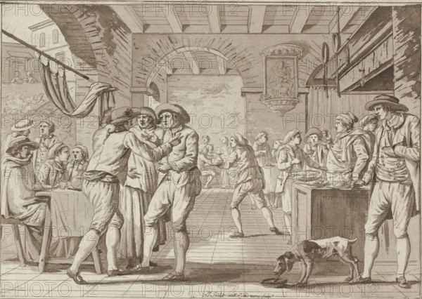 Quarrelsome figures in a dining room, print, album page, Print is part of an album., printmaker: