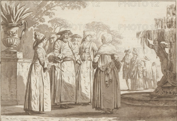 Group of men and women in front of a fountain, print, album page, Print is part of an album.,