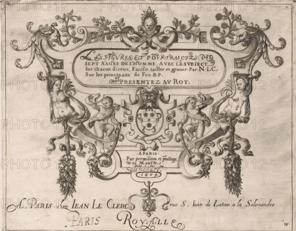 Title print with cartouche and ornamental frame with putti, Seven Ages of Man, Les Figvres Et