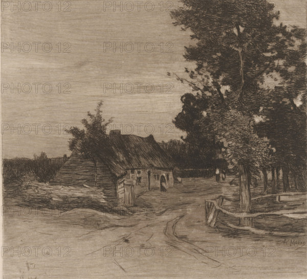 Farm on a country road with trees, Village (original title), print, annotation: 'état définitif',
