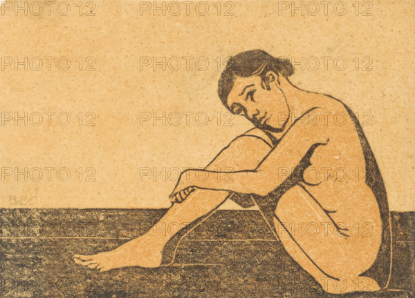 Sitting naked woman, print, printmaker: Reinier Willem Petrus de Vries (1874-1953) (signed by