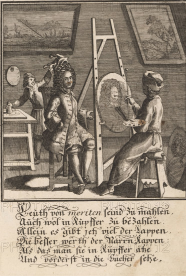 Cartoon on portrait art, Counterfact = Narr, cartoon, print, book illustration, Germany, Austria,
