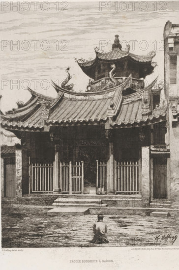 Pagoda Boudhiste à Saïgon, Buddhist temple in Ho Chi Minh City, L'eau-forte en 1874, French