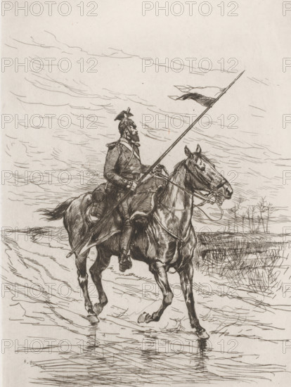 Ulaan on horseback, Un uhlan, French etching from 1874, L'eau-forte en 1874, print, Series number,