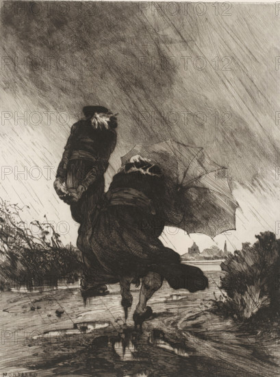 Retour d'une bonne action, Two women in a rain shower, L'eau-forte en 1875, French etchings from