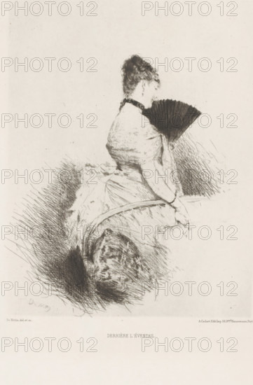 Woman with fan, Derrière l'Éventail, L'eau-forte en 1875, French etching from 1875, print, Series