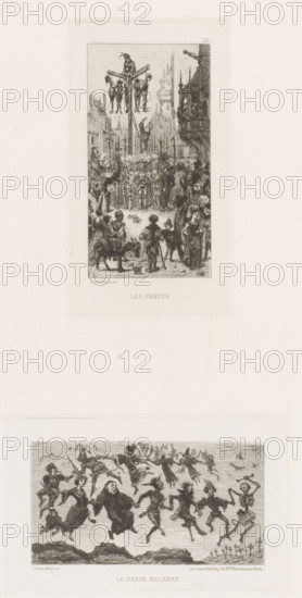 View of a square with a gallows, Les pendus, L'eau-forte en 1875, French etchings from 1875, print,