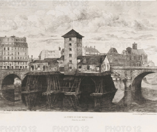 La pompe du Pont Notre-Dame, View of the Pont Notre-Dame, L'eau-forte en 1875, French etching from