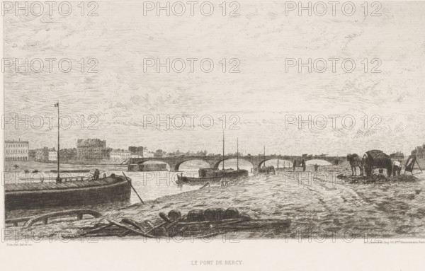 View of the Pont de Bercy, Le pont de Bercy, French etchings from 1875, L'eau-forte en 1875, print,