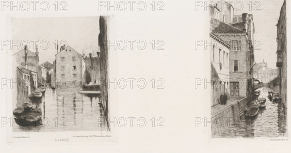 View of a canal in Venice, À Venise, French etching from 1875, L'eau-forte en 1875, print, Series