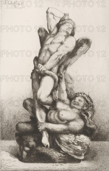 Naked man captured by snake and naked woman, Les liens du mal, L'eau-forte en 1875, French etching