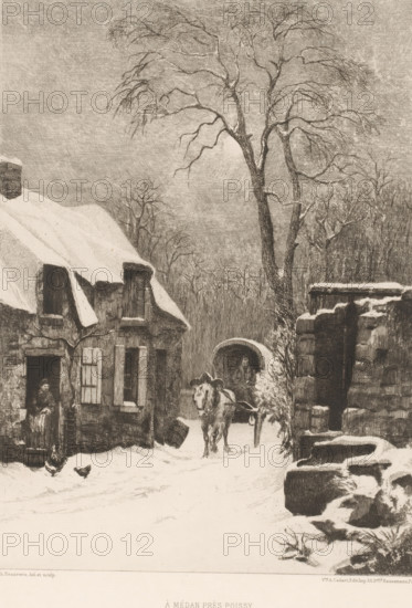 À Médan près Poissy, Village in the snow, French etchings from 1876, L'eau-forte en 1876, print,