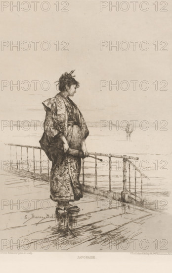 Japonaise, Standing woman in Japanese dress, L'eau-forte en 1877, French etching from 1877, print,