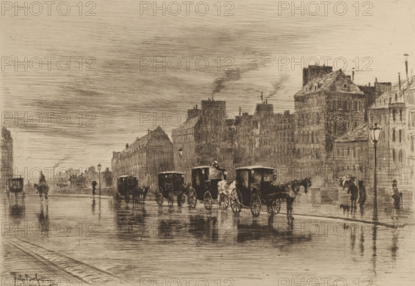 A matinée d'hiver au quai de l'Hôtel Dieu, Street view in the rain, L'eau-forte en 1877, French