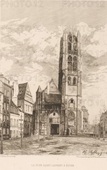 View of the tower of Saint-Laurent in Rouen, La tour saint Laurent à Rouen, French etching from