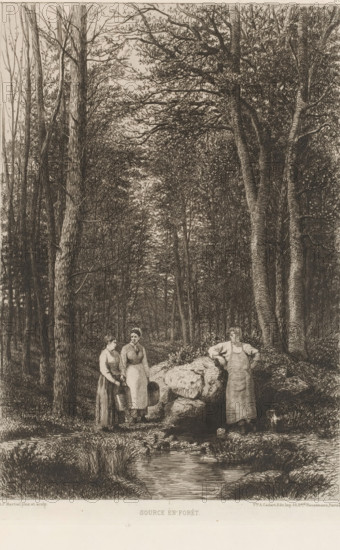 Two women and a man at a source, Source en forêt, French etchings from 1877, L'eau-forte en 1877,