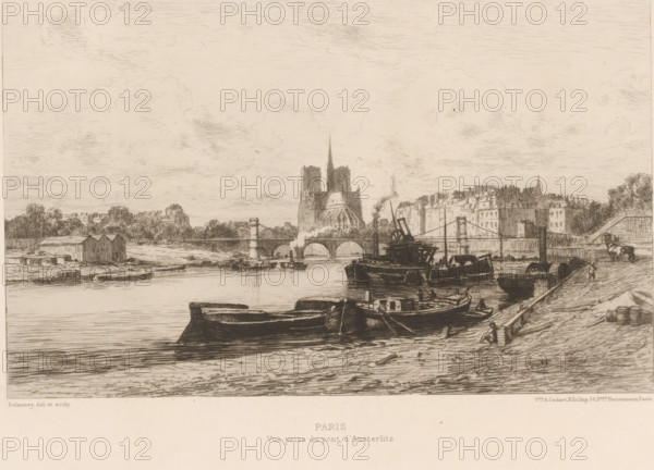 View of Notre-Dame, Paris, Vue prize du pont d'Austerlitz, L'eau-forte en 1877, French etchings