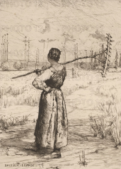 Woman with rake in field, Return of the fields, French etchings from 1878, Water-based in 1878,