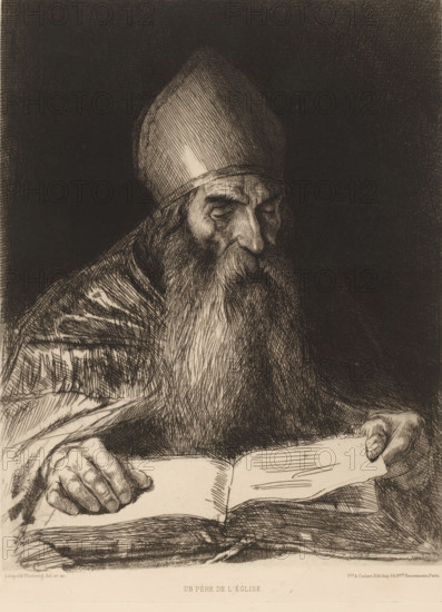 Reading bishop, Un père d'église, French etching from 1878, L'eau-forte en 1878, print, Series