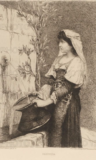 Woman filling a jug at a fountain, Pascuccia, L'eau-forte en 1878, French etching from 1878, print,