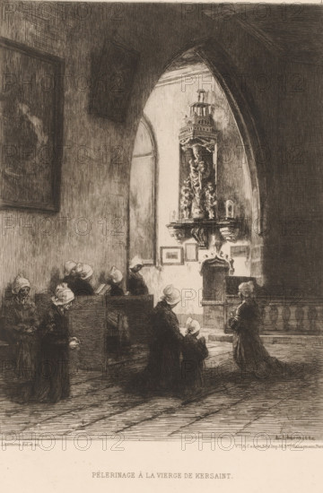 Pélerinage à la Vierge de Kersaint, Women praying in a church, French etching from 1878,