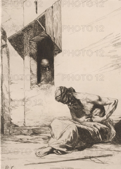 Sitting beggar in front of a house, Souvenir de Tangier, French etchings from 1878, L'eau-forte en
