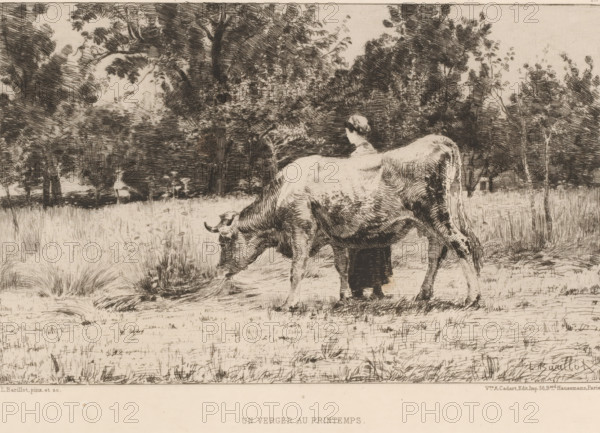 Woman and cow in meadow, Un verger au printemps, French etchings from 1878, L'eau-forte en 1878,