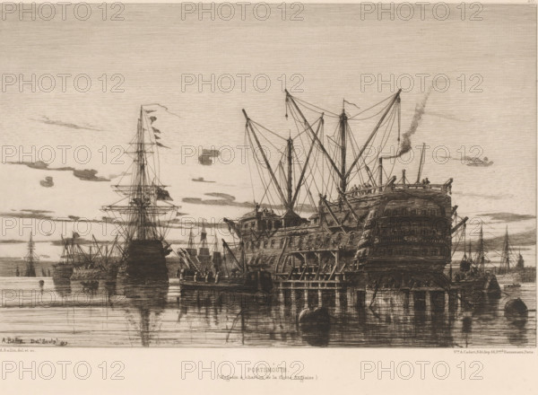 Portsmouth, View of ships in Portsmouth, L'eau-forte en 1878, French etchings from 1878, print,