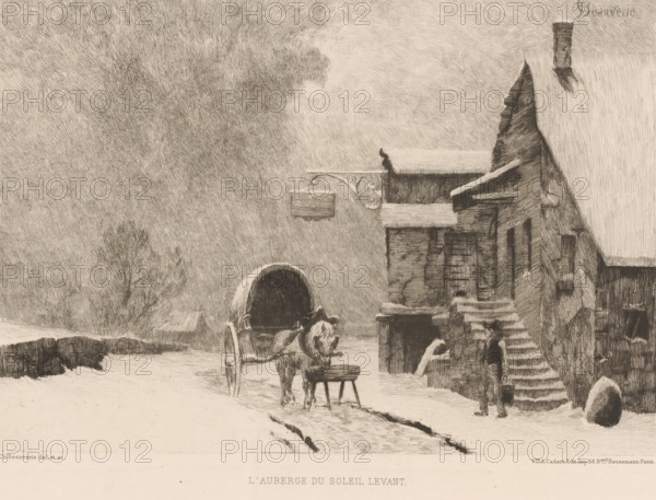 L'auberge du soleil levant, Inn in the snow, French etchings from 1878, L'eau-forte en 1878, print,