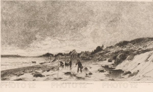 View of the harbor of Carteret, Le hâvre de Carteret, French etching from 1878, L'eau-forte en