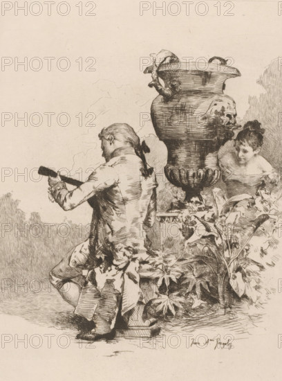 L'écoute, Man making music on a garden bench, French etchings from 1878, L'eau-forte en 1878,