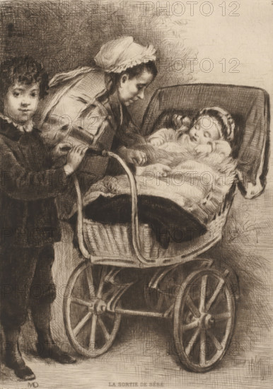 The baby's exit, Woman and boy with child in pram, French etchings from 1879, The water-forte in