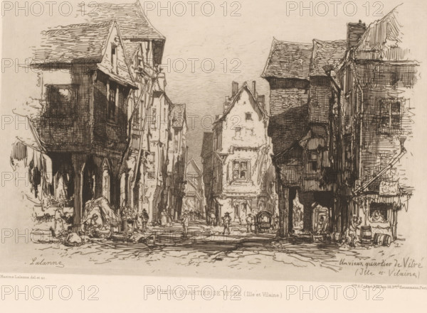 View of an old district of Vitré, Un vieux quartier de Vitré, L'eau-forte en 1879, French etching