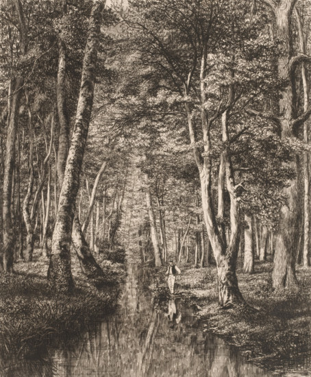 Fisherman in a forest, Rivière sous bois, French etchings from 1879, L'eau-forte en 1879, print,