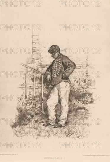 Waiting soldier, Viendra-t-elle?, L'eau-forte en 1879, French etching from 1879, print, Series