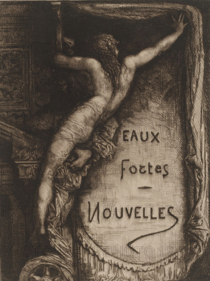 Eaux Fortes Nouvelles, Title print with naked woman revealing title, French etchings from 1880,