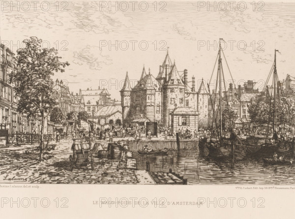 View of the Waag on the Nieuwmarkt, Le wagg-poids de la ville d'Amsterdam, L'eau-forte en 1880,