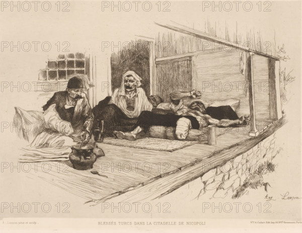 Wounded men lying on a veranda, Blessés Turcs dans la citadelle de Nicopoli, French etching from