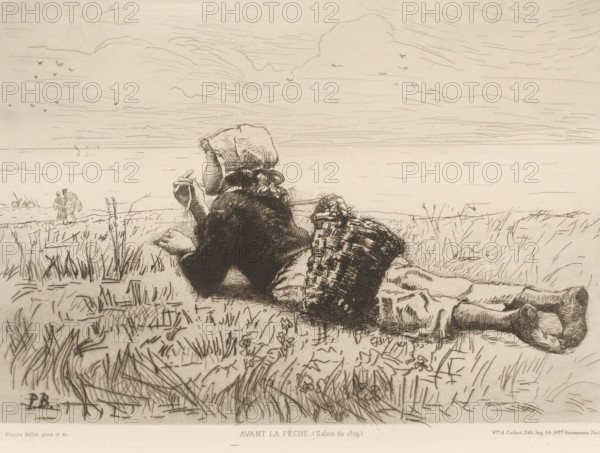 Avant la pèche, Girl lying in the grass, L'eau-forte en 1880, French etching from 1880, print,