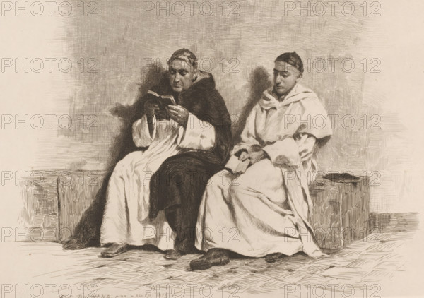 Au couvent, Two seated monks, French etching from 1880, L'eau-forte en 1880, print, Series number,