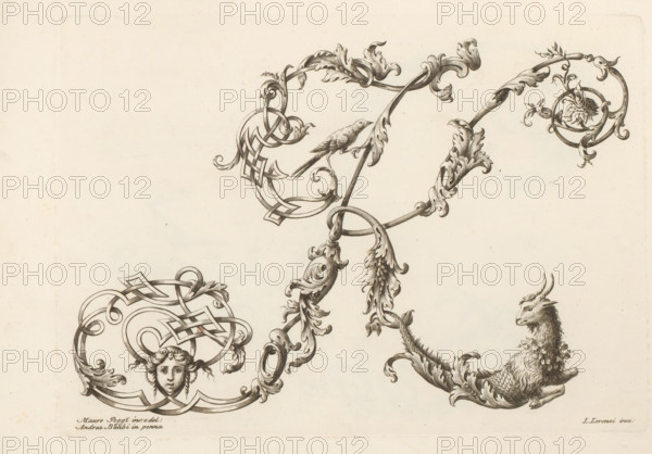 Ornamental letter K, Alphabet of initial letters, Ornamental alphabet, print, album page, decorated