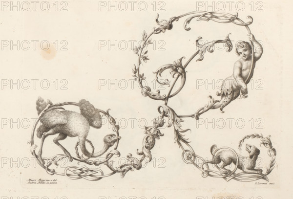 Ornamental letter R, Ornamental alphabet, Alfabeto di lettere inizial, print, album page, decorated