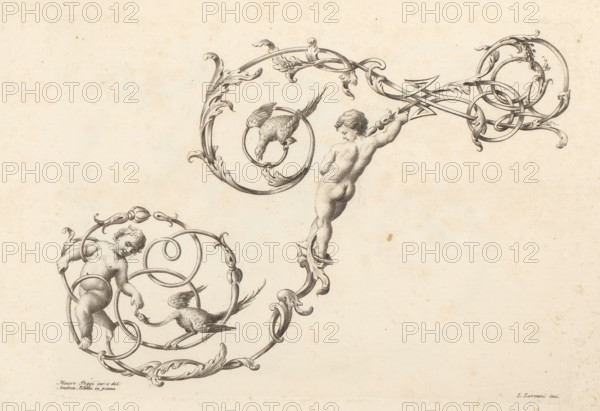 Ornamental letter T, Ornamental alphabet, Alfabeto di lettere inizial, print, album page, decorated