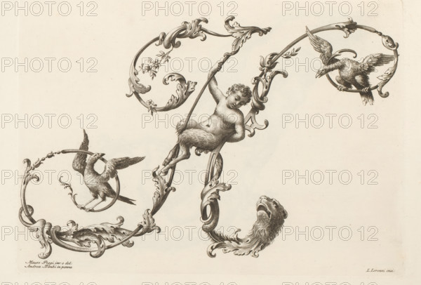 Ornamental letter H, Alfabeto di lettere inizial, Ornamental alphabet, print, album page, decorated