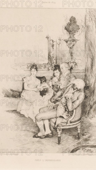 Chez l'impressario, Salon with four seated women and men, French etchings from 1880, L'eau-forte en