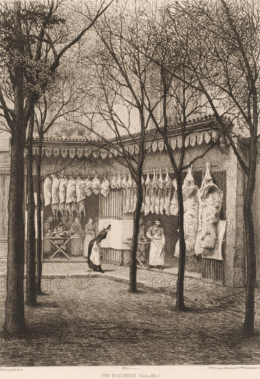 Une boucherie, Butcher's shop, French etchings from 1881, L'eau-forte en 1881, print, Series